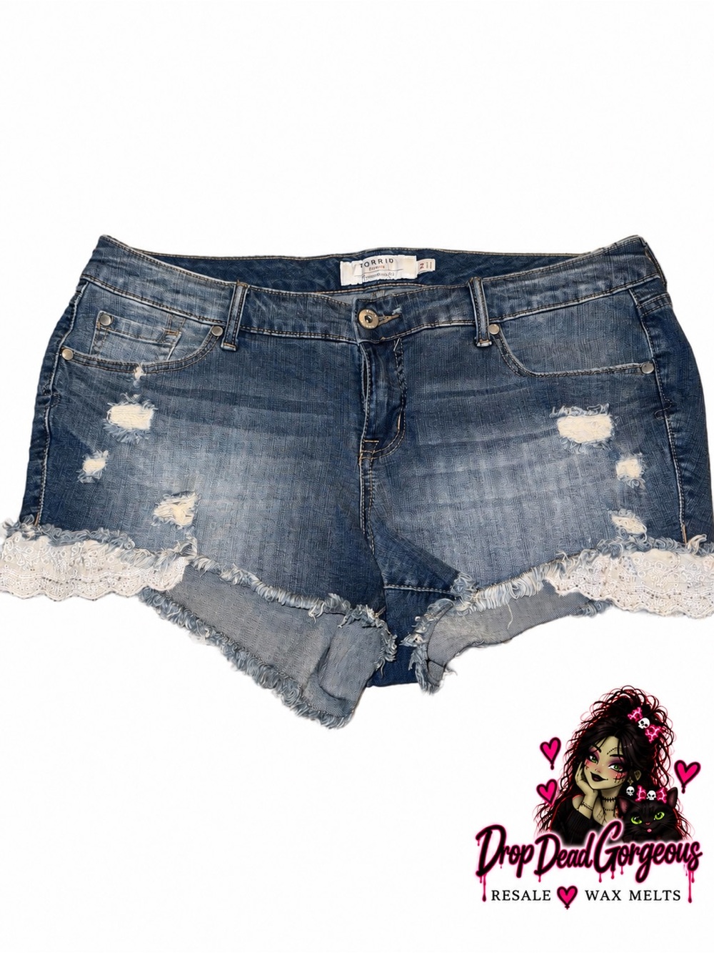 torrid Blue Distressed Denim Shorts with Lace Trim